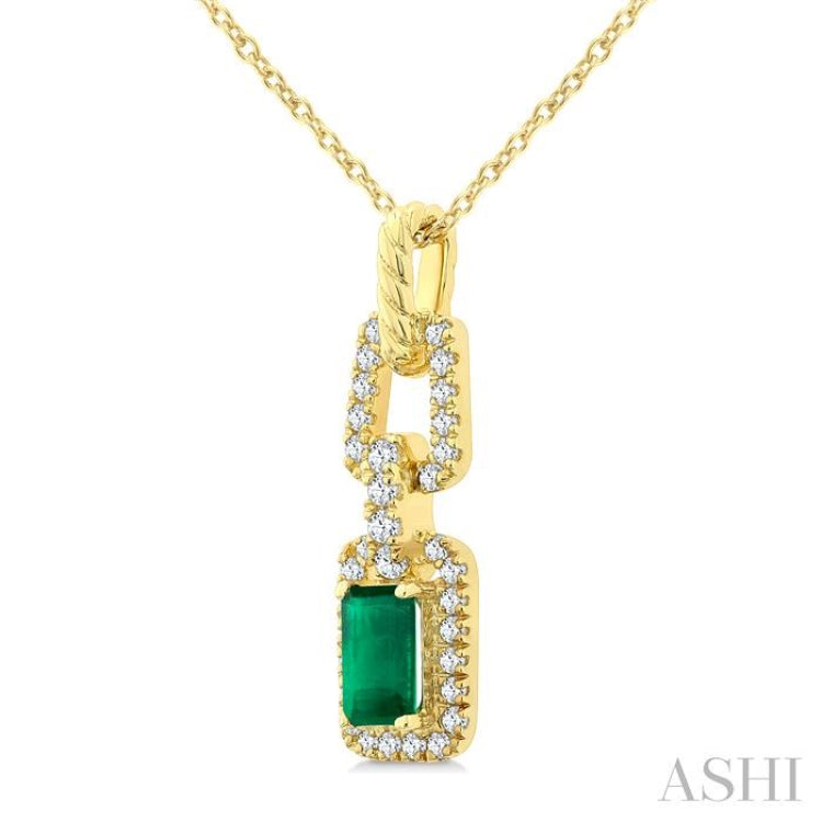 1/6 Ctw 5X3MM Octagon Shape Emerald and Round Cut Diamond Halo Precious Link Pendant With Chain in 14K Yellow Gold