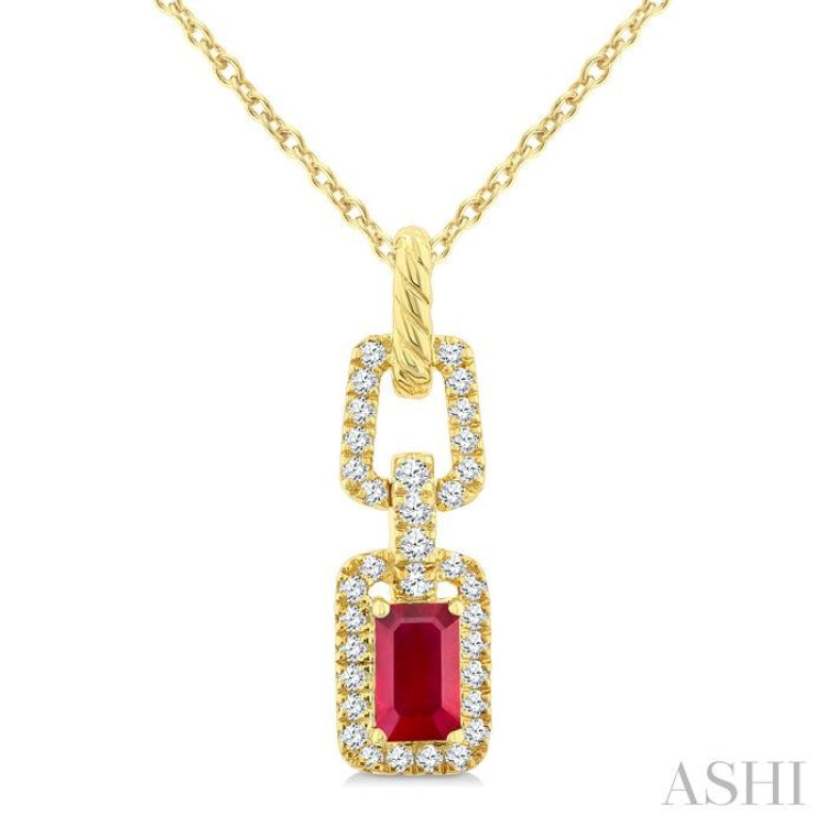 1/6 Ctw 5X3MM Octagon Shape Ruby and Round Cut Diamond Halo Precious Link Pendant With Chain in 14K Yellow Gold