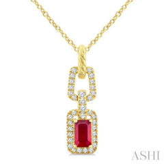 1/6 Ctw 5X3MM Octagon Shape Ruby and Round Cut Diamond Halo Precious Link Pendant With Chain in 14K Yellow Gold