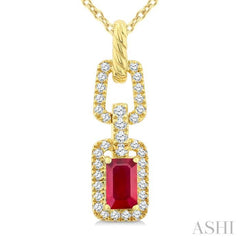 1/6 Ctw 5X3MM Octagon Shape Ruby and Round Cut Diamond Halo Precious Link Pendant With Chain in 14K Yellow Gold