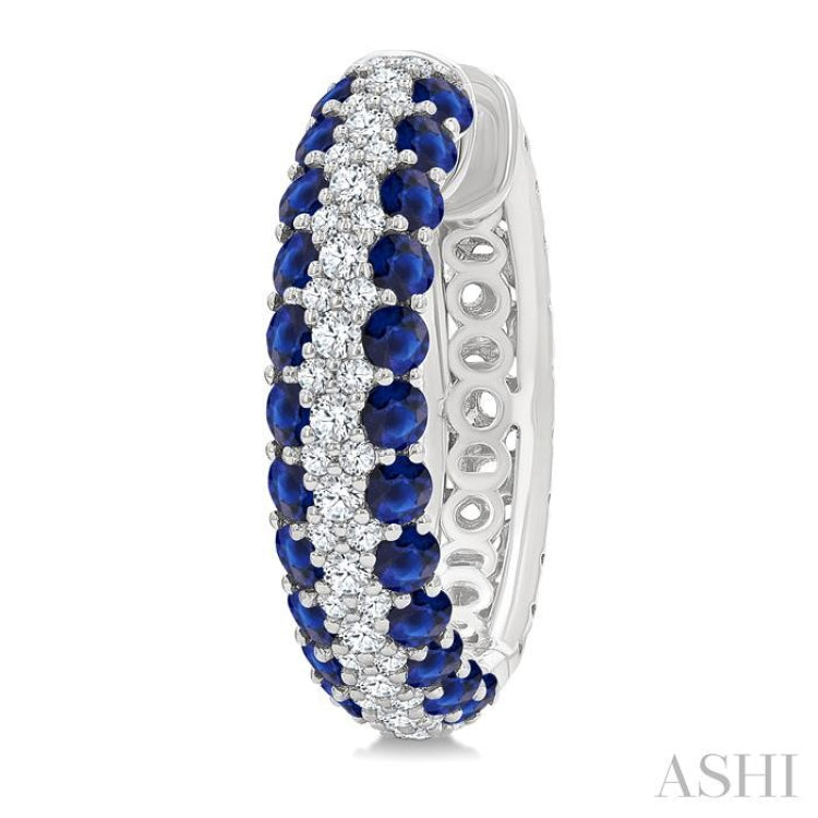 1/2 Ctw 2MM Round Cut Sapphire and Round Cut Diamond Precious Hoop Earring in 14K White Gold