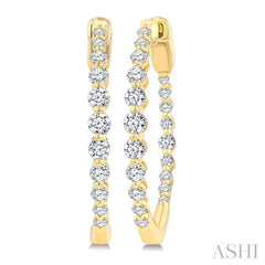 1 Ctw Inside & Out Graduated Round Cut Diamond Fashion Hoop earrings in 14K Yellow Gold