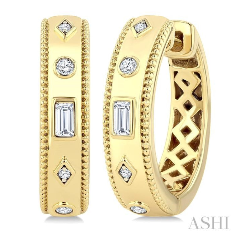 1/6 Ctw Mixed Bezel Shape Baguette and Round Cut Diamond Fashion Huggies in 14K Yellow Gold