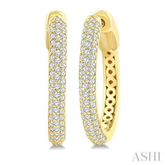 1/2 Ctw 3-Row Pave Set Round Cut Diamond Fashion Hoop Earring in 14K Yellow Gold