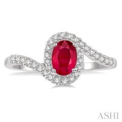 6x4 MM Embraced Oval Shape Ruby and 1/5 Ctw Round Cut Diamond Precious Ring in 10K White Gold