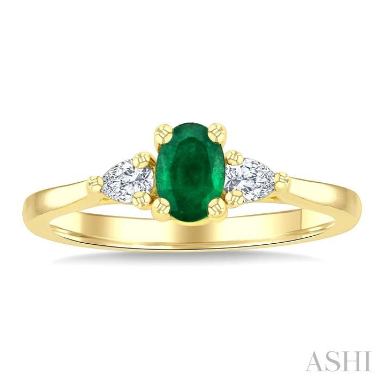 1/5 Ctw 3-Stone Oval Cut 6X4MM Emerald and Pear Cut Diamond Precious Ring in 14K Yellow Gold