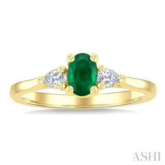 1/5 Ctw 3-Stone Oval Cut 6X4MM Emerald and Pear Cut Diamond Precious Ring in 14K Yellow Gold