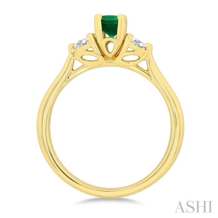 1/5 Ctw 3-Stone Oval Cut 6X4MM Emerald and Pear Cut Diamond Precious Ring in 14K Yellow Gold