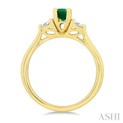 1/5 Ctw 3-Stone Oval Cut 6X4MM Emerald and Pear Cut Diamond Precious Ring in 14K Yellow Gold