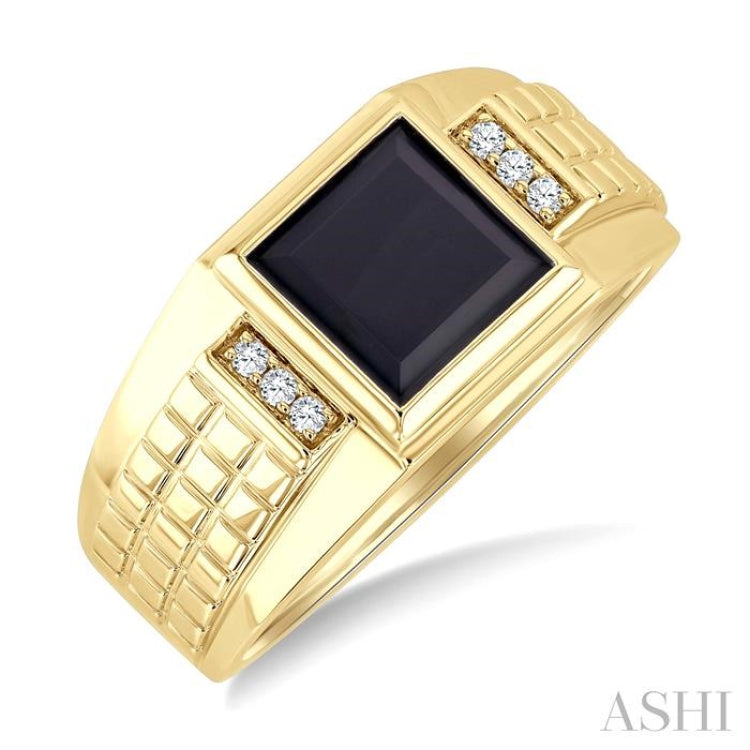1/20 Ctw 8X8 MM Princess Cut Onyx and Round Cut Diamond Semi-Precious Men's Ring in 10K Yellow Gold