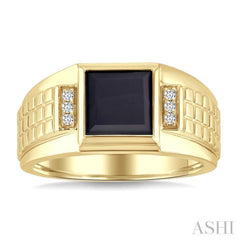 1/20 Ctw 8X8 MM Princess Cut Onyx and Round Cut Diamond Semi-Precious Men's Ring in 10K Yellow Gold