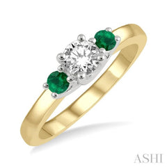 2.70 MM Round Shape Emerald and 1/3 Ctw Past Present and Future Round Cut Diamond Precious Ring in 14K Yellow and White Gold