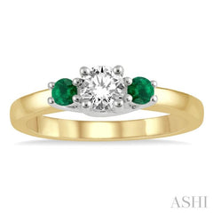 2.70 MM Round Shape Emerald and 1/3 Ctw Past, Present and Future Round Cut Diamond Precious Ring in 14K Yellow and White Gold