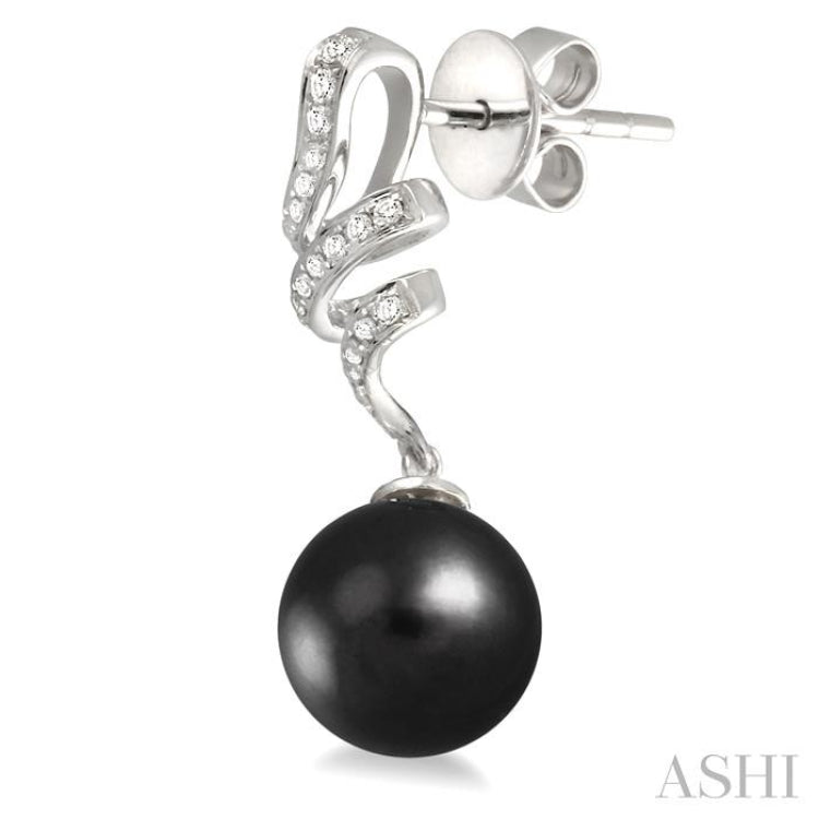 9 MM Black Cultured Pearls and 1/5 Ctw Round Cut Diamond Earrings in 14K White Gold