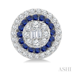 1/3 Ctw Circular Shape 1.00MM Round Cut Sapphire, Baguette and Round Cut Diamond Fusion Precious Stud Earring in 14K White Gold