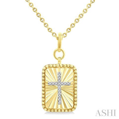 1/20 Ctw Latin Cross Round Cut Diamond Rectangular Fluted Medallion Pendant With Chain in Yellow Gold Vermeil