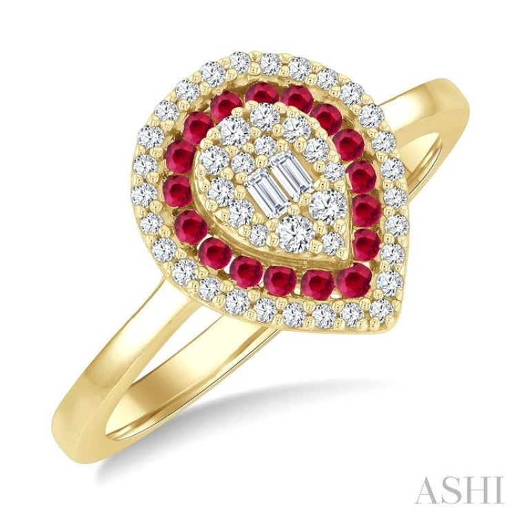 1/4 Ctw Pear Shape 1.25MM & 1.45MM Round Cut Ruby, Baguette and Round Cut Diamond Precious Fusion Ring in 14K Yellow Gold