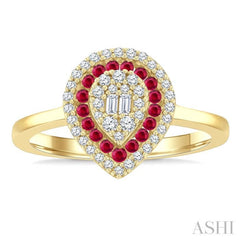 1/4 Ctw Pear Shape 1.25MM & 1.45MM Round Cut Ruby, Baguette and Round Cut Diamond Precious Fusion Ring in 14K Yellow Gold