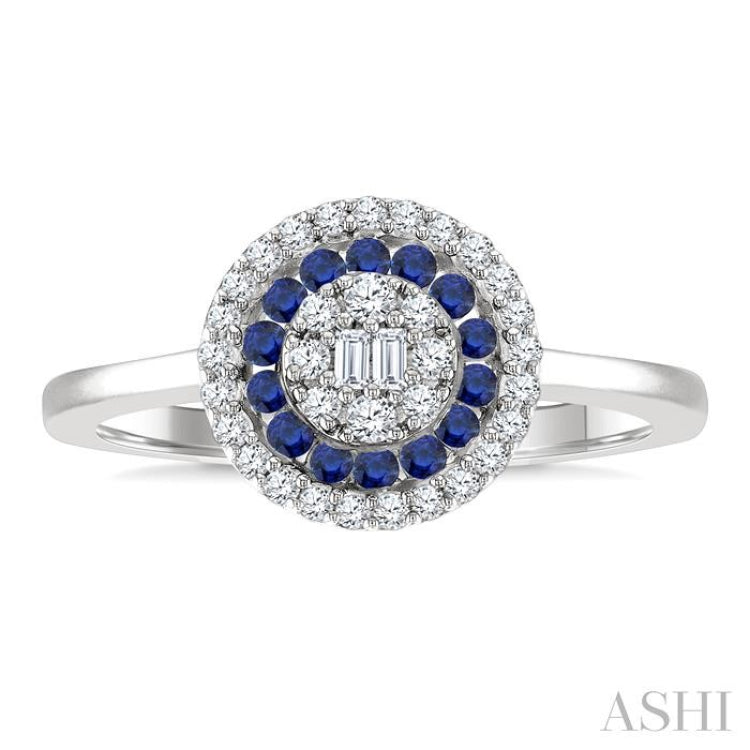 1/4 Ctw Circular Shape 1.35MM Round Cut Sapphire, Baguette and Round Cut Diamond Precious Fusion Ring in 14K White Gold