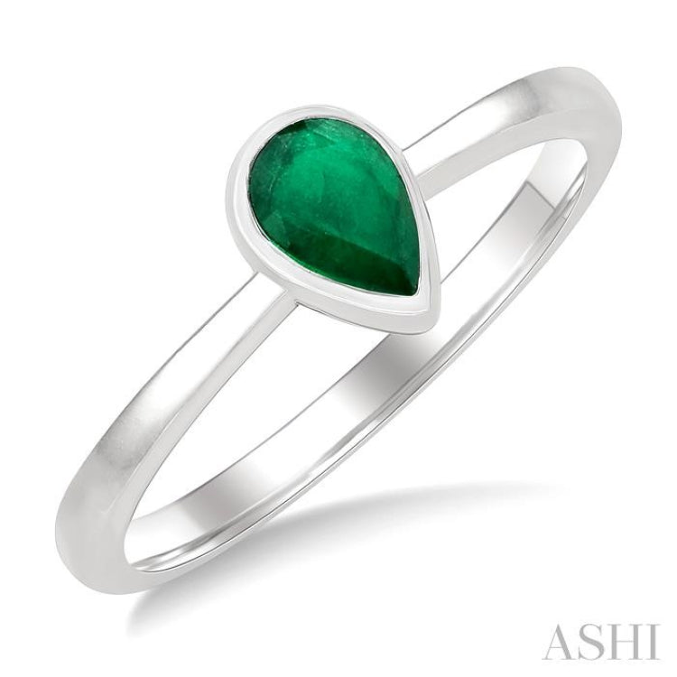 6X4 MM Bezel Set Pear Cut Emerald Precious Solitaire Ring in 14K White Gold