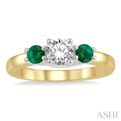 3.50 MM Round Shape Emerald and 3/8 Ctw Past, Present and Future Round Cut Diamond Precious Ring in 14K Yellow and White Gold