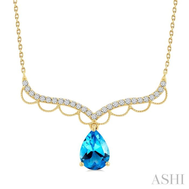 9X6 MM Pear Cut Blue Topaz and Round Cut 1/5 Ctw Diamond Semi-Precious Fashion Necklace in 10K Yellow Gold
