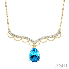 9X6 MM Pear Cut Blue Topaz and Round Cut 1/5 Ctw Diamond Semi-Precious Fashion Necklace in 10K Yellow Gold