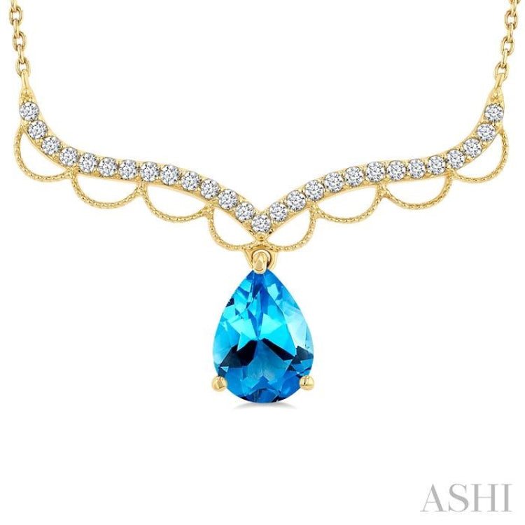 9X6 MM Pear Cut Blue Topaz and Round Cut 1/5 Ctw Diamond Semi-Precious Fashion Necklace in 10K Yellow Gold