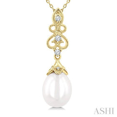 10X8 MM Cultured Pearl and 1/20 Ctw Round Cut Diamond Fashion Pendant With Chain in 10K Yellow Gold