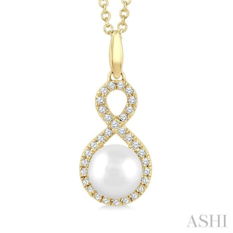 6 MM Cultured Pearl and 1/8 Ctw Round Cut Diamond Petite Fashion Pendant With Chain in 10K Yellow Gold