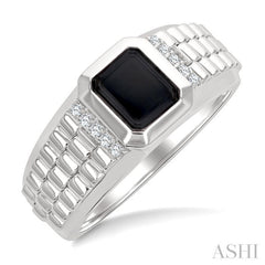 1/10 Ctw 8X7 MM Emerald Cut Onyx and Round Cut Diamond Semi-Precious Men's Ring in 10K White Gold