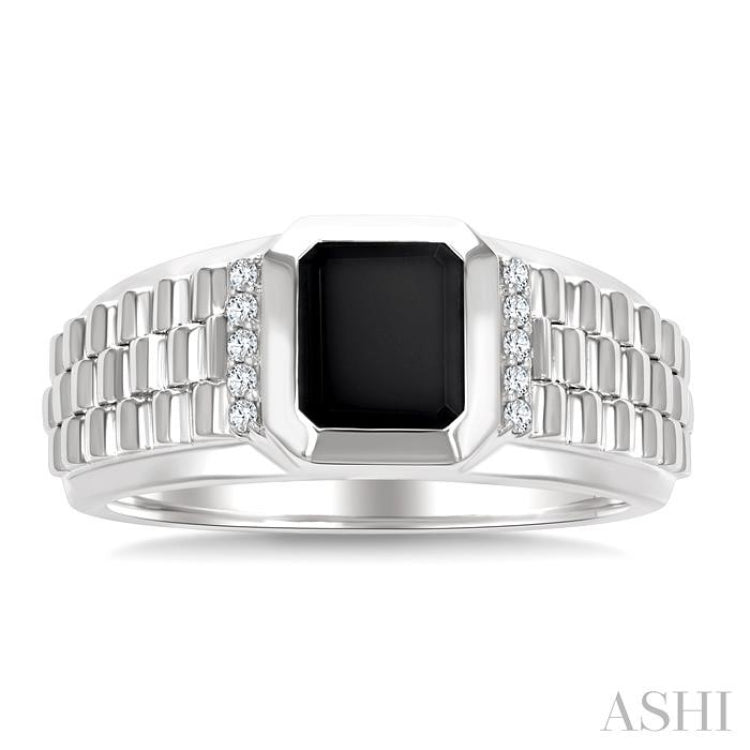 1/10 Ctw 8X7 MM Emerald Cut Onyx and Round Cut Diamond Semi-Precious Men's Ring in 10K White Gold