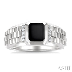 1/10 Ctw 8X7 MM Emerald Cut Onyx and Round Cut Diamond Semi-Precious Men's Ring in 10K White Gold