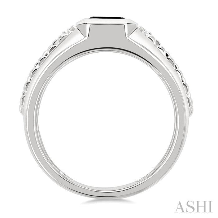 1/10 Ctw 8X7 MM Emerald Cut Onyx and Round Cut Diamond Semi-Precious Men's Ring in 10K White Gold