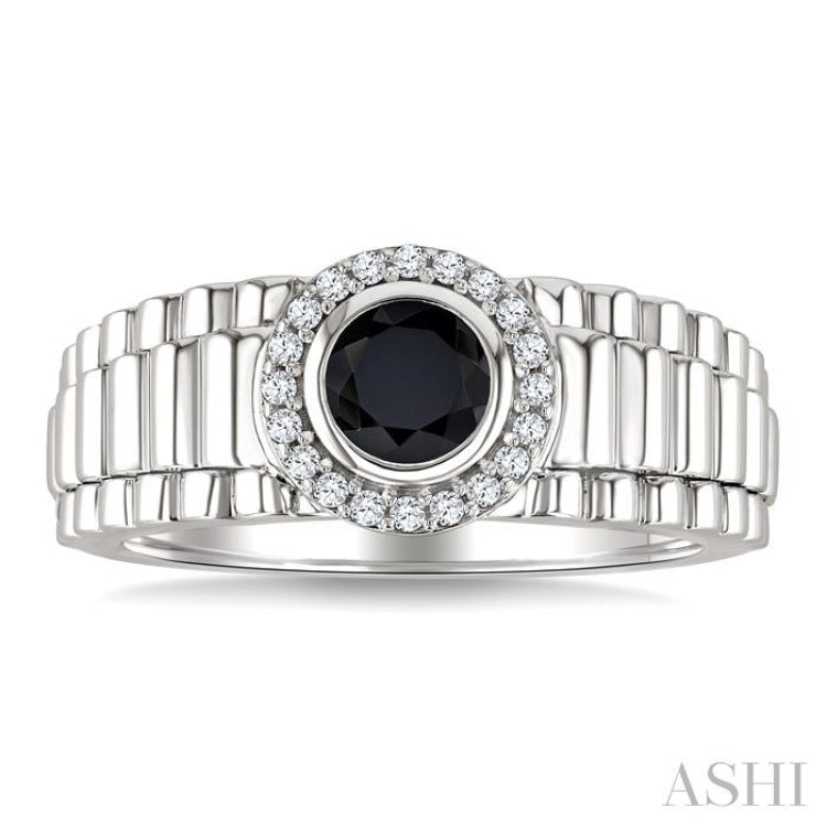 1/8 Ctw 6 MM Onyx and Round Cut Diamond Halo Semi-Precious Men's Ring in 10K White Gold