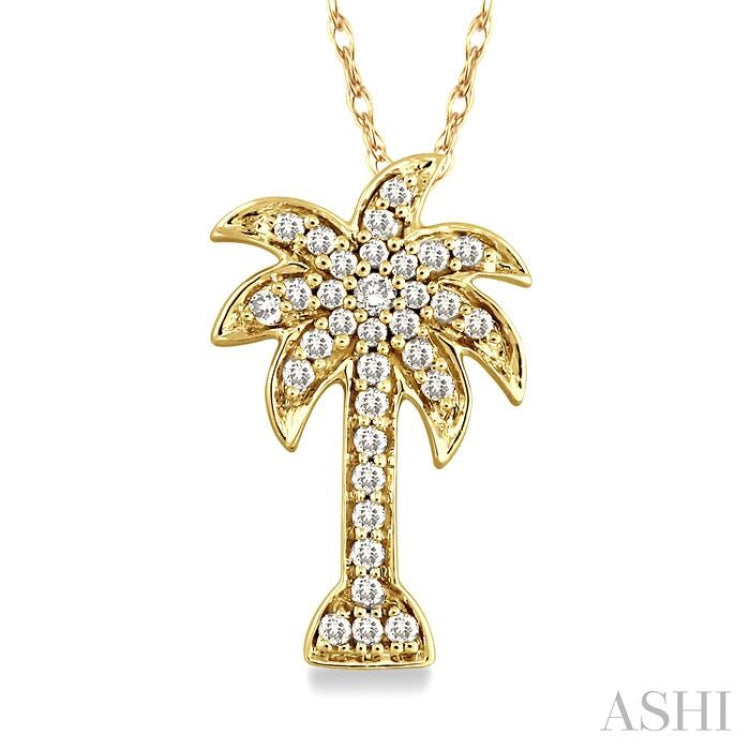 1/10 Ctw Palm Tree Round Cut Diamond Pendant in 14K Yellow Gold with Chain