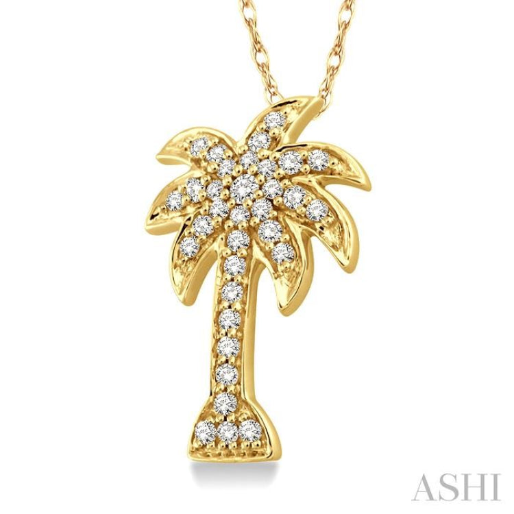1/10 Ctw Palm Tree Round Cut Diamond Pendant in 14K Yellow Gold with Chain