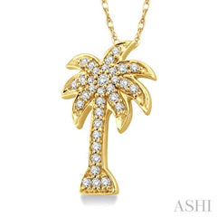 1/10 Ctw Palm Tree Round Cut Diamond Pendant in 14K Yellow Gold with Chain