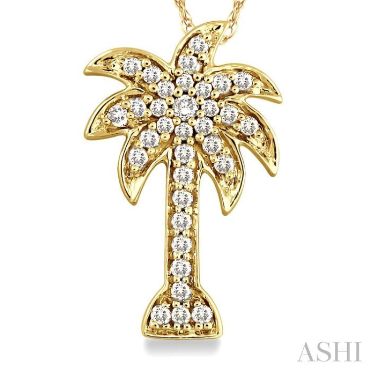 1/10 Ctw Palm Tree Round Cut Diamond Pendant in 14K Yellow Gold with Chain