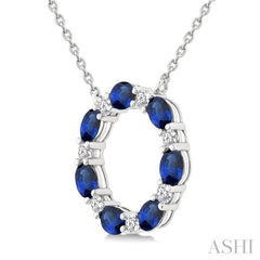4x3 MM Oval Cut Sapphire and 1/4 Ctw Round Cut Diamond Circle Pendant With Chain in 14K White Gold