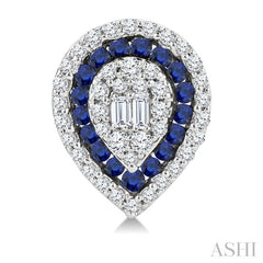 1/3 Ctw Pear Shape 1.25MM & 1.00MM Round Cut Sapphire, Baguette and Round Cut Diamond Fusion Precious Stud Earring in 14K White Gold