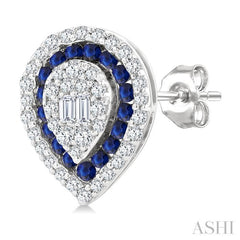 1/3 Ctw Pear Shape 1.25MM & 1.00MM Round Cut Sapphire, Baguette and Round Cut Diamond Fusion Precious Stud Earring in 14K White Gold