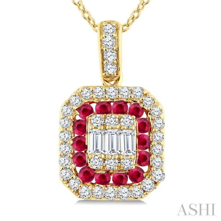 1/4 Ctw Octagonal Shape 1.45MM Ruby, Baguette and Round Cut Diamond Precious Fusion Pendant With Chain in 14K Yellow Gold