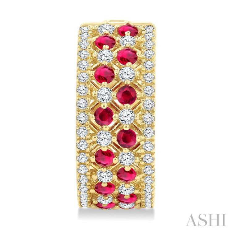 1 Ctw Fretwork 2MM Round Cut Ruby and Round Cut Diamond Precious Hoop Earring in 14K Yellow Gold
