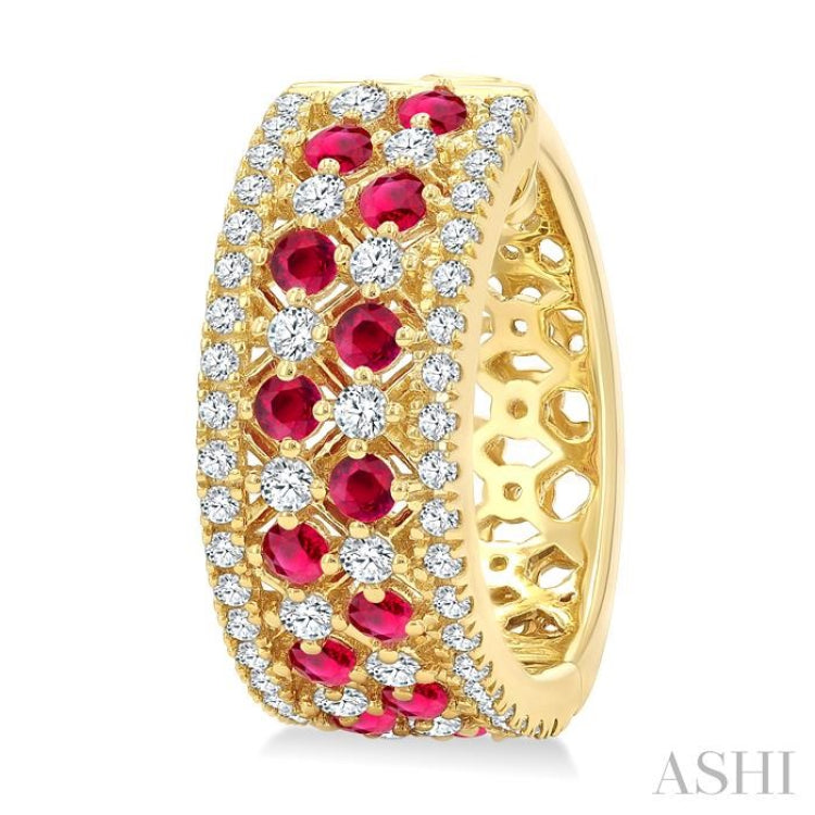 1 Ctw Fretwork 2MM Round Cut Ruby and Round Cut Diamond Precious Hoop Earring in 14K Yellow Gold