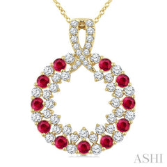 2.3 MM Round Shape Ruby and 3/4 Ctw Round Cut Diamond Precious Circle Pendant With Chain in 14K Yellow Gold