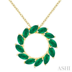 4X2MM Marquise Cut Emerald Precious Floral Circle  Fashion Pendant With Chain in 10K Yellow Gold