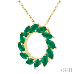 4X2MM Marquise Cut Emerald Precious Floral Circle  Fashion Pendant With Chain in 10K Yellow Gold