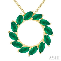 4X2MM Marquise Cut Emerald Precious Floral Circle  Fashion Pendant With Chain in 10K Yellow Gold