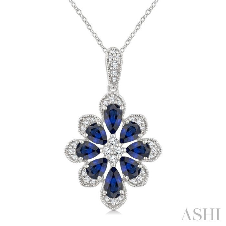 1/6 Ctw Floral Motif 5X3MM & 4X3MM Pear Cut Sapphire and Round Cut Diamond Precious Pendant With Chain in 10K White Gold